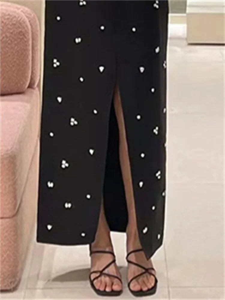 Women Classic Black Split Knitted Skirt Diamond Embellishment Slim Fit Mid Length Skirts Early Autumn