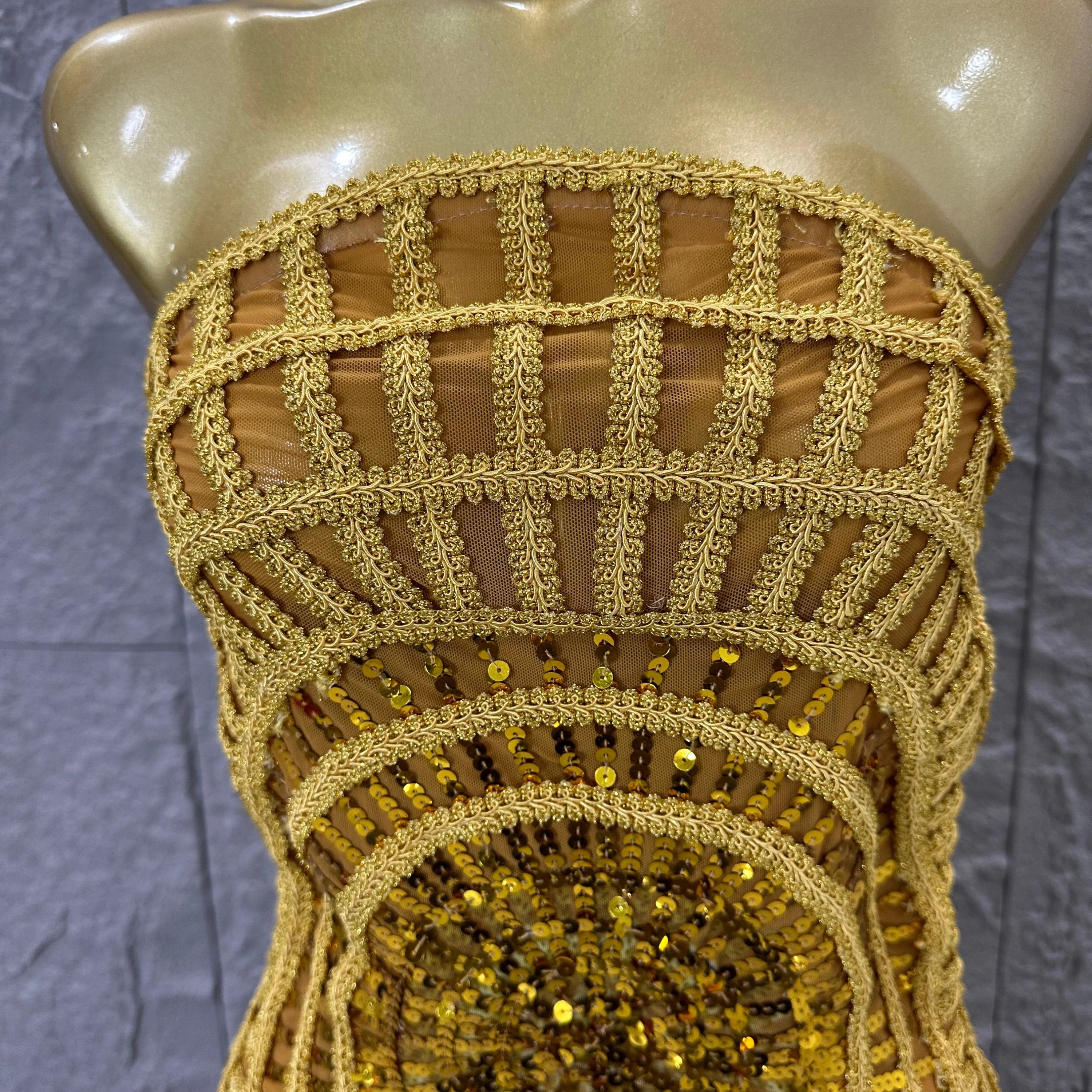 Women Sexy Strapless 3D Grid Embellished Bodycon Mermaid Outfit Stage Performance CostumeElegant Sequined Sheer Mesh Maxi Dress