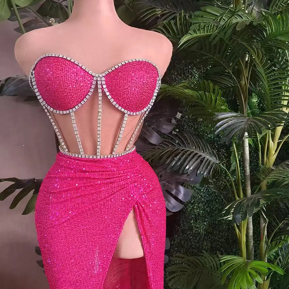 Stunning Sparkly Rhinestone Sequins Streamer Theme Party Hollow Out Tops Skirt 2Pieces Set Suit Festival Event Bodycon Tangguo Pink One Size