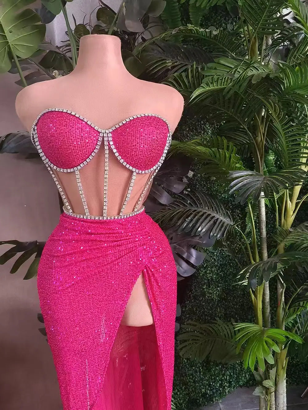 Stunning Sparkly Rhinestone Sequins Streamer Theme Party Hollow Out Tops Skirt 2Pieces Set Suit Festival Event Bodycon Tangguo Pink One Size