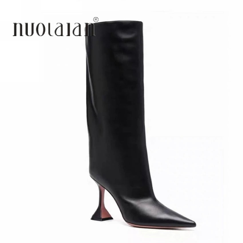 Women's Knee High Boots Pointed Toe Long High-heeled Boots Designer Luxury Brand Women's Leather Boots