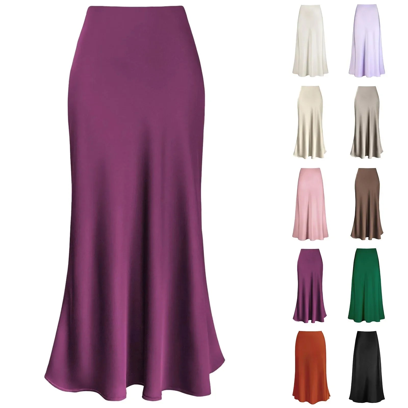 A-Line Pleated Long Skirts Summer Women Korean Skirt Streetwear Elastic Waist Solid Elegant Satin Dress платье For Ladies