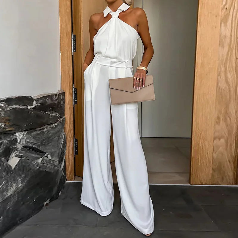 New Spring Summer Women Sleeveless Jumpsuits, Wide Leg Pants Loungewear Playsuits, Patchwork Pocket Simple Ladies Bodysuits 03 White