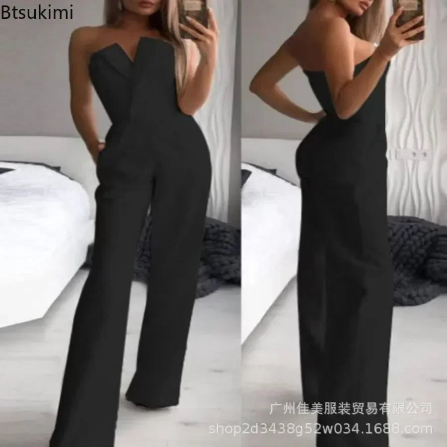Women's Elegant Jumpsuits Solid Off Shoulder Sexy Club Jumpsuit Female Sleeveless High Waist Slim Wide Leg Jumpsuit Pants