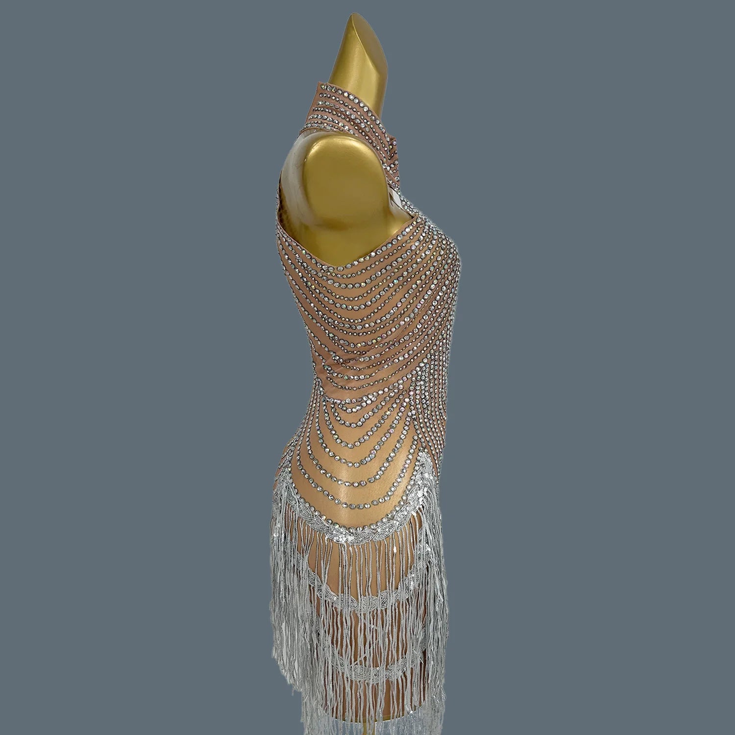 Shining Diamonds Tassel Dress Sexy Women Elastic Perspective Crystal Dress Singer Stage Costumes Latin Dance Dress Diaodeng