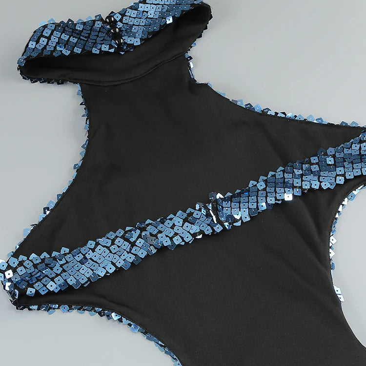 Blue Shiny Sequined Hatler Evening Dress Backless Cut Out Sleeveless Prom Bodycon Wedding Party Cocktail Evening Gown Vestido