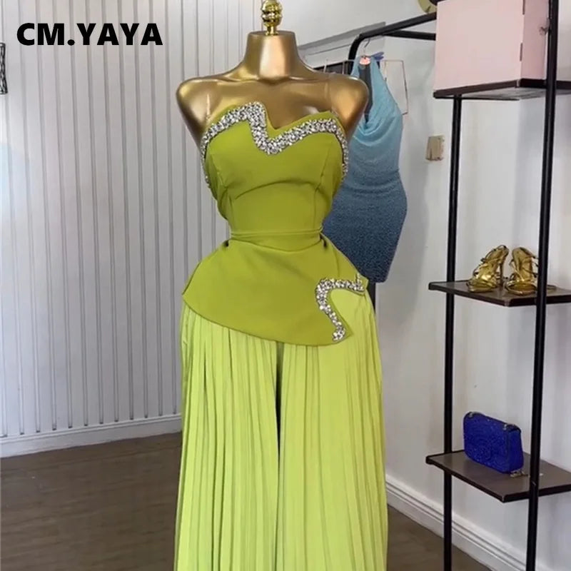 CM.YAYA Women's Set Diamonds Hot Rhinestones Crop Top and Pleated Wide Leg Pants Suit 2025 Two 2 Piece Sets Outfits Tracksuit