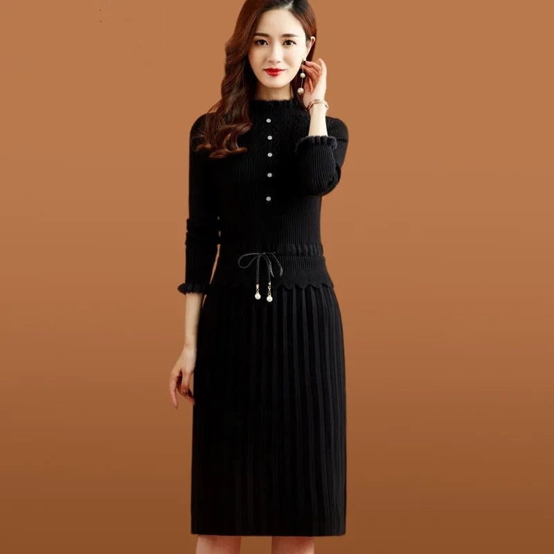 Two Pieces Pleated Knitted Dress Women Vintage Elegant Bottoming Sweater Dresses Slim Long Sleeve Fall Winter Midi Vestidos