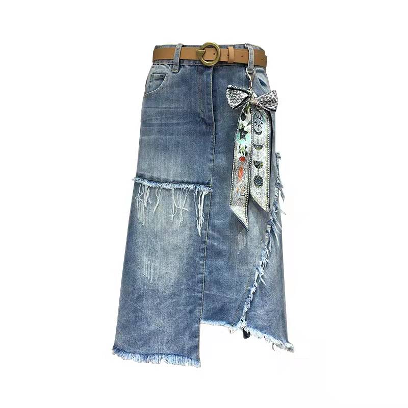 S-5XL Women Denim Skirt Spring Summer 2024 Fashion Casual Medium-long Package hip Irregular hem Slim Waist Skirts Jeans Female