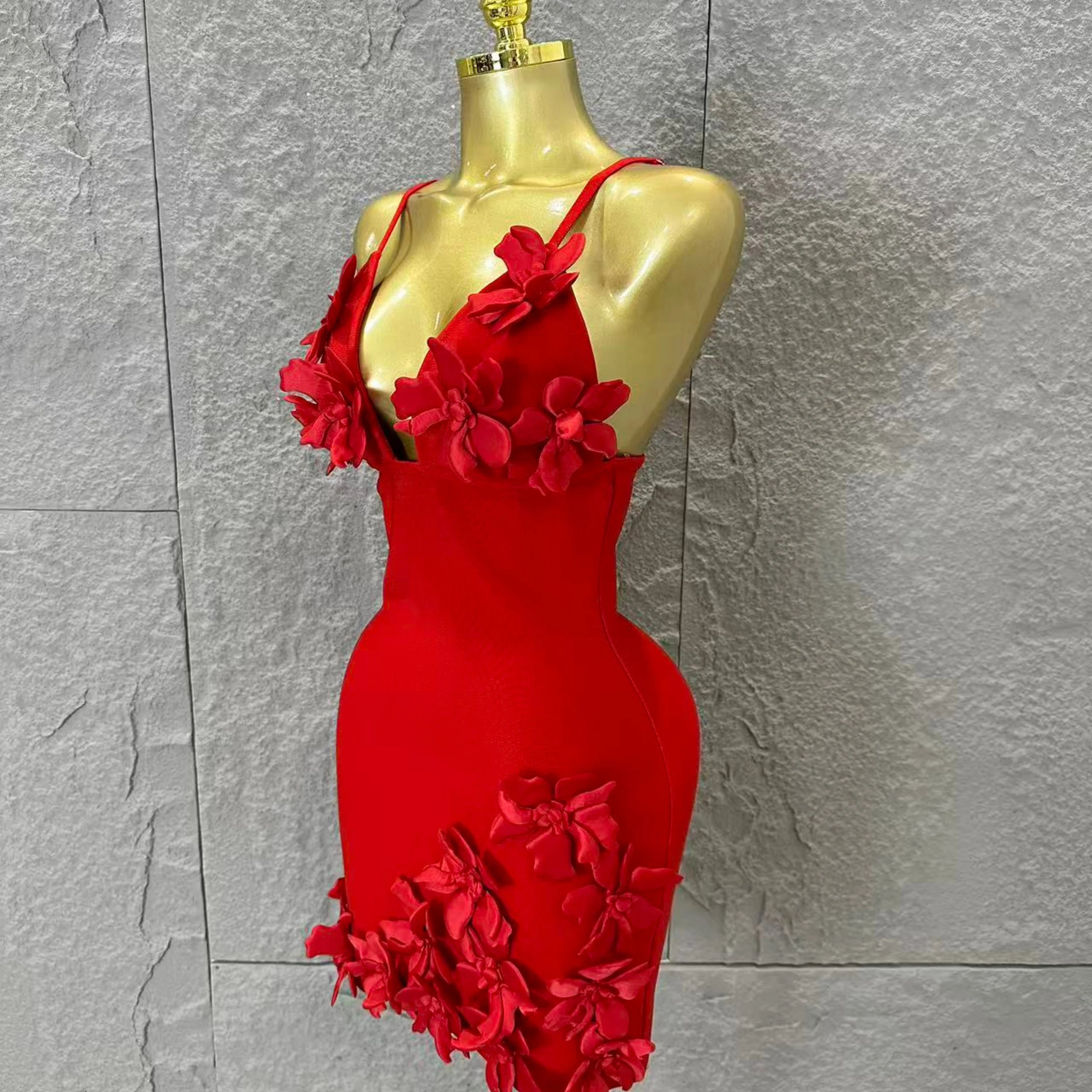Sexy Deep V Red 3D Flower Applique Dress Slim Fit Bodycon Bandage Night Out Wedding Guest Club Cocktail Evening Party Outfit