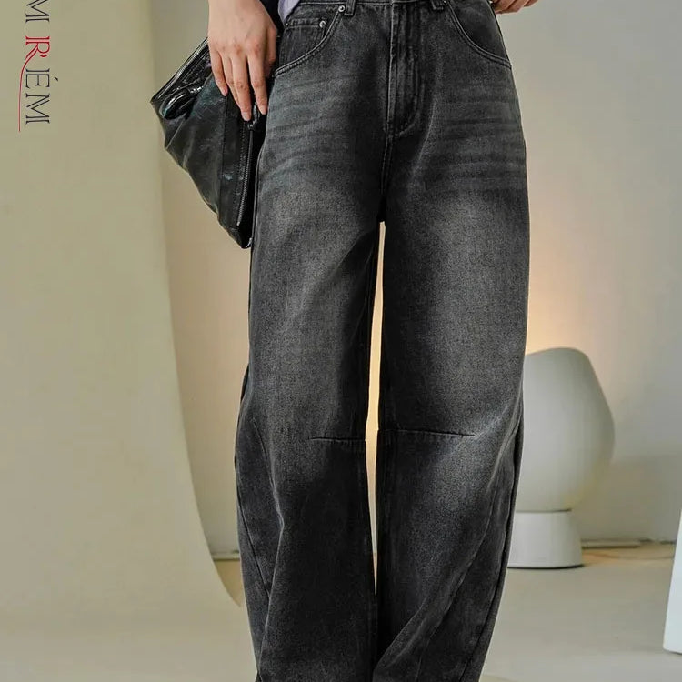 [LANMREM] Vintage Washed Jeans For Women High Waist Straight Wide Leg Denim Pants Streetwear Trousers Spring New 26D8252