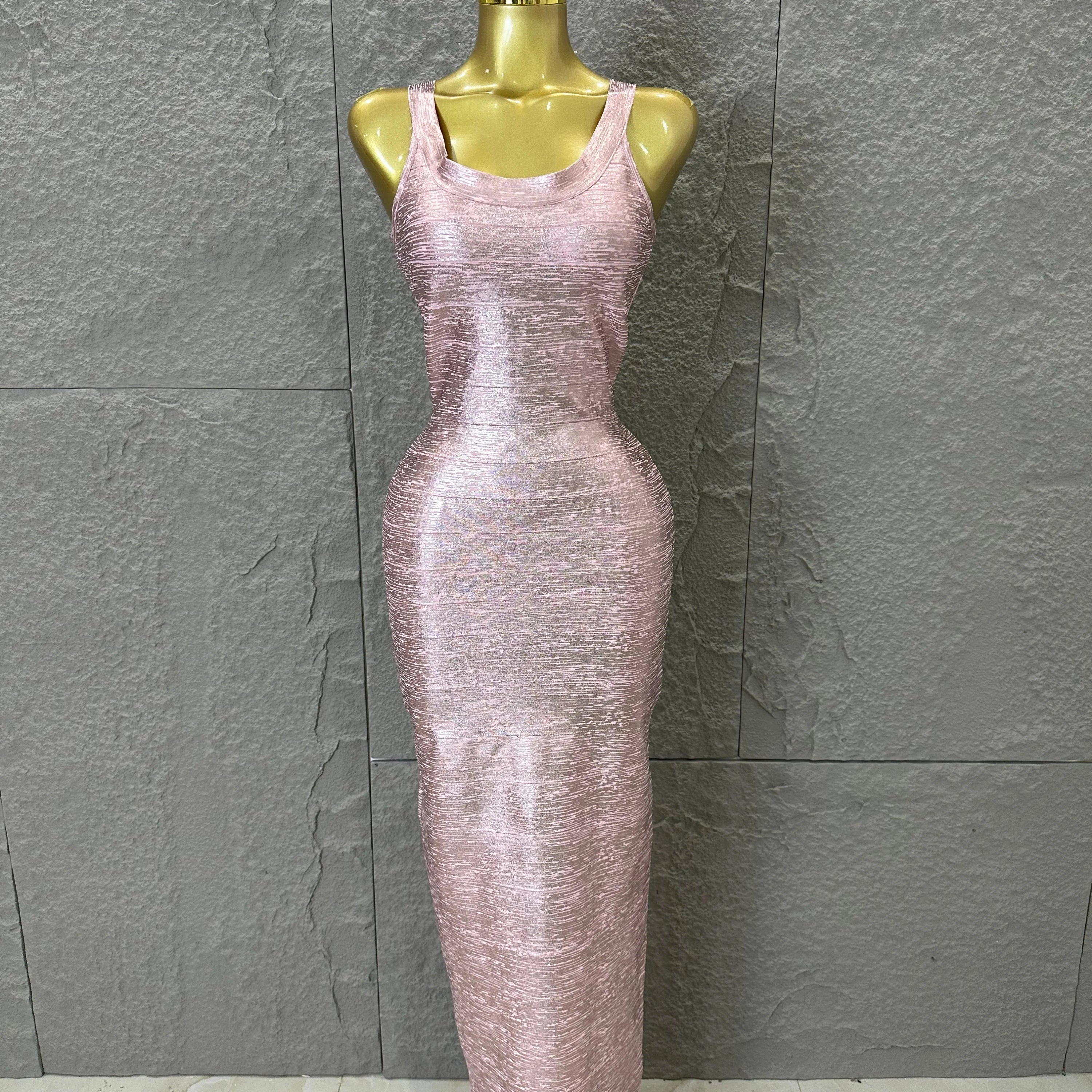 Elegant Pink Square Neck Maxi Dress Women Sexy Sleeveless Metallic Shimmer Form-Fitting Bandage Outfit Cocktail Party Costume Pink