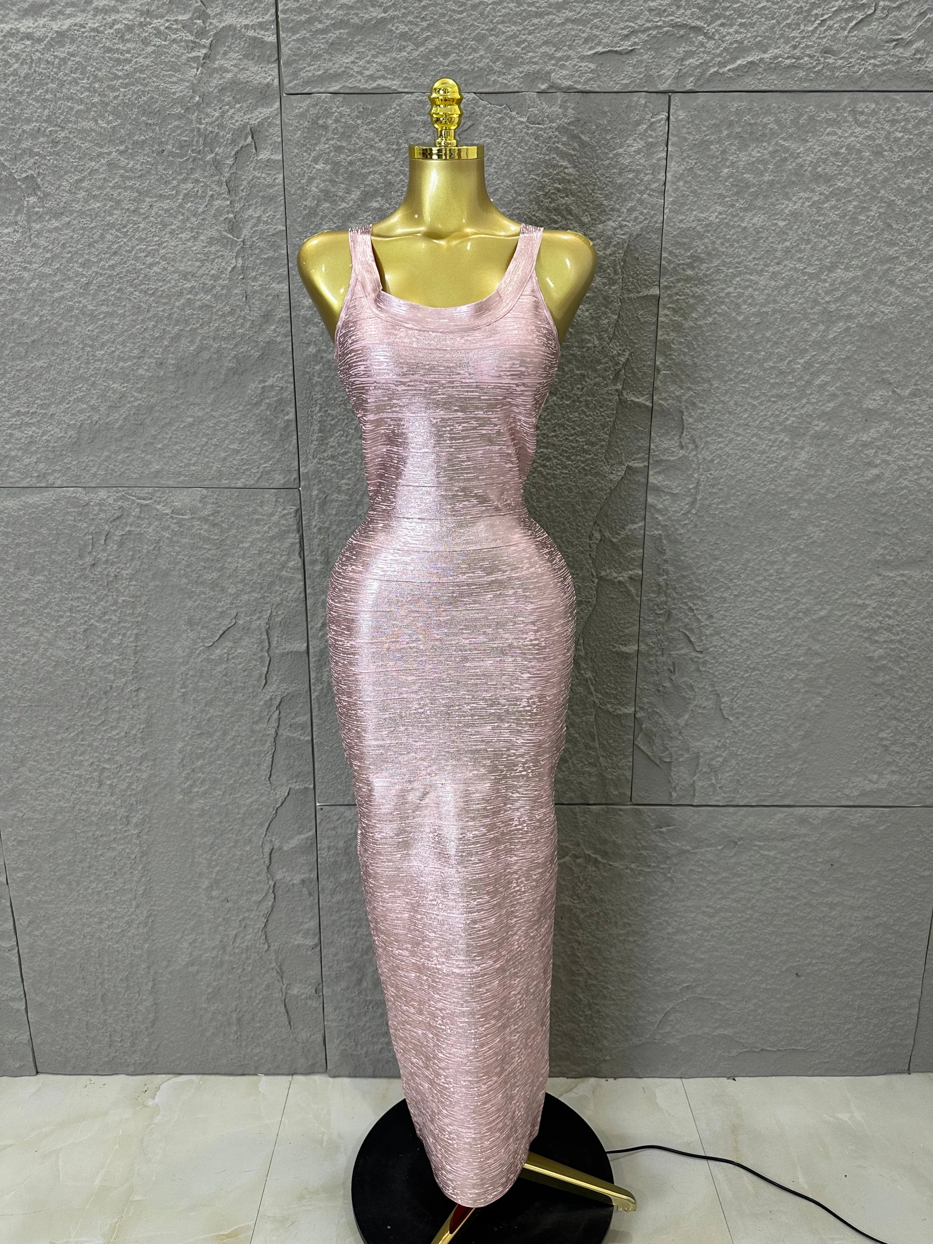 Elegant Pink Square Neck Maxi Dress Women Sexy Sleeveless Metallic Shimmer Form-Fitting Bandage Outfit Cocktail Party Costume Pink