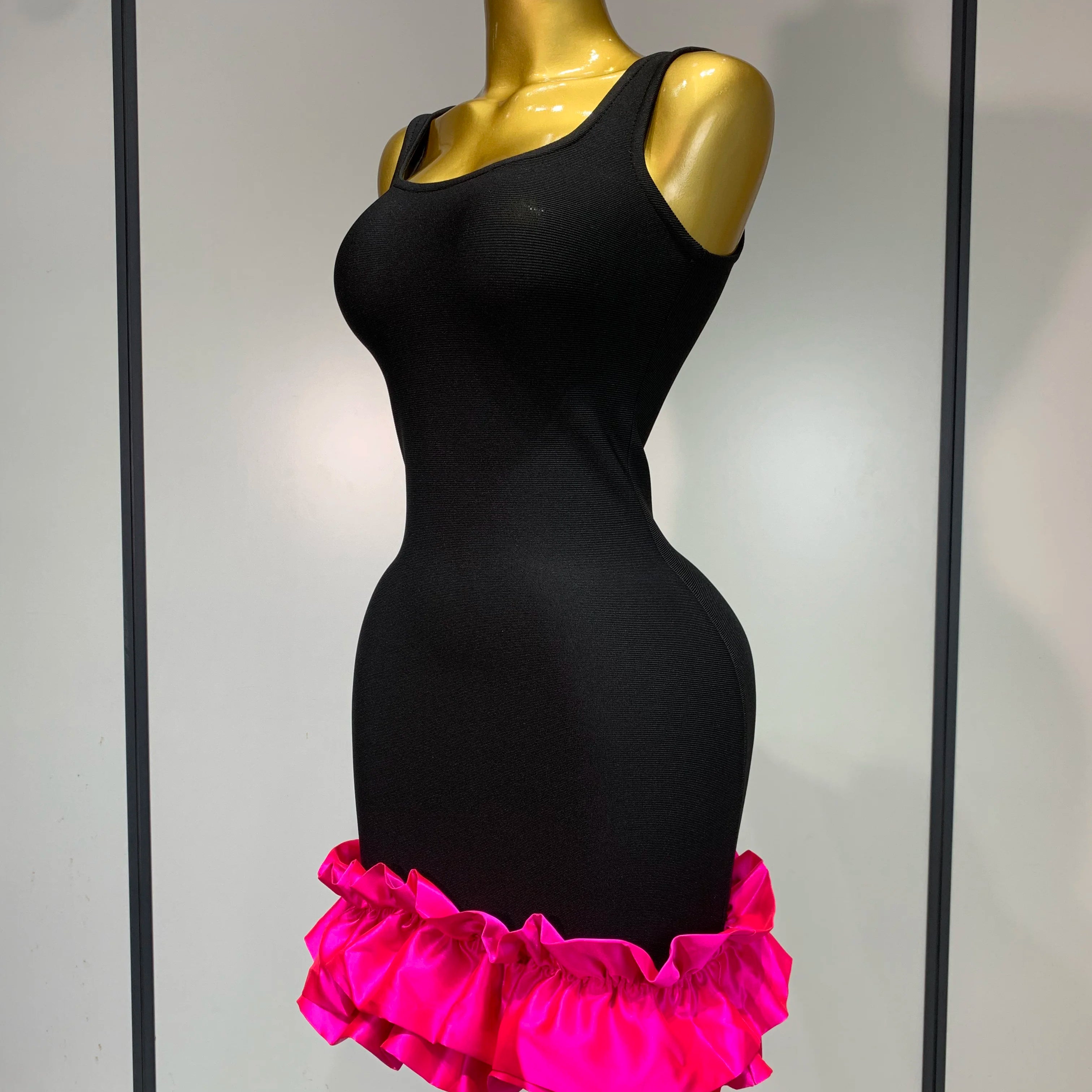 Women Formal Party Spaghetti Strap Bodycon Black Ruffle Sleeveless Bandage Dress Elegant Prom Gown Club Evening Party Dresses