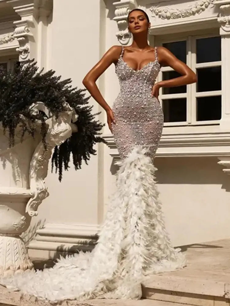 Women Celebrity Sexy V Neck Pearl Sequins Feather Maxi Long Dress 2024 Elegant Party Evening Stage Performance Dress Vestido