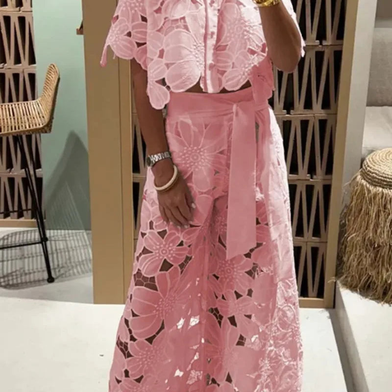 Sexy Lapel Single-breasted Shirt Top + Wide-leg Pants 2-piece Set Women Fashion Solid Color Elegant Casual Hollow Suit Female Pink