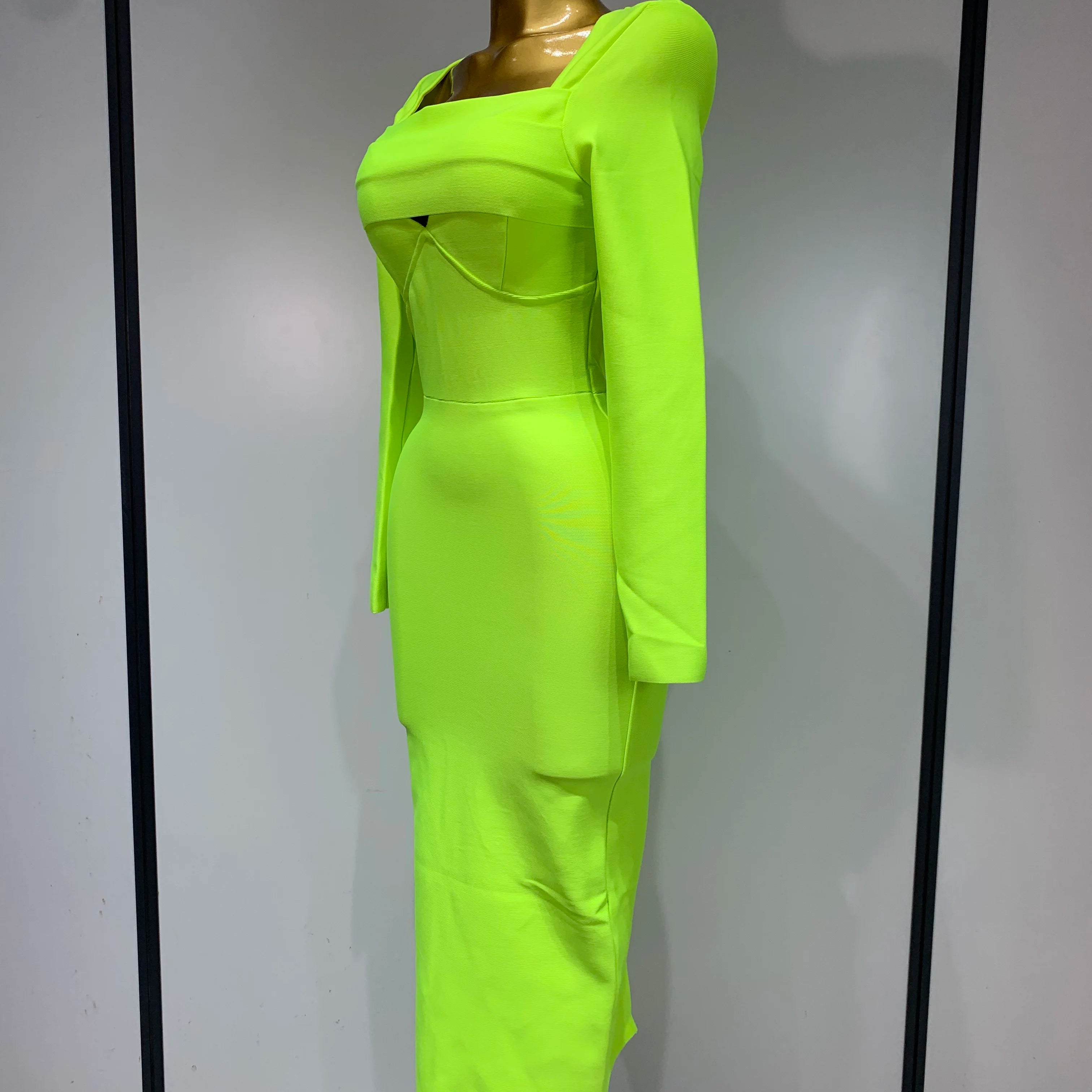 Women Sexy Long Sleeve Square Collar Fluorescent Green Midi Bodycon Bandage Dress 2025 Elegant Evening Birthday Party Dresses