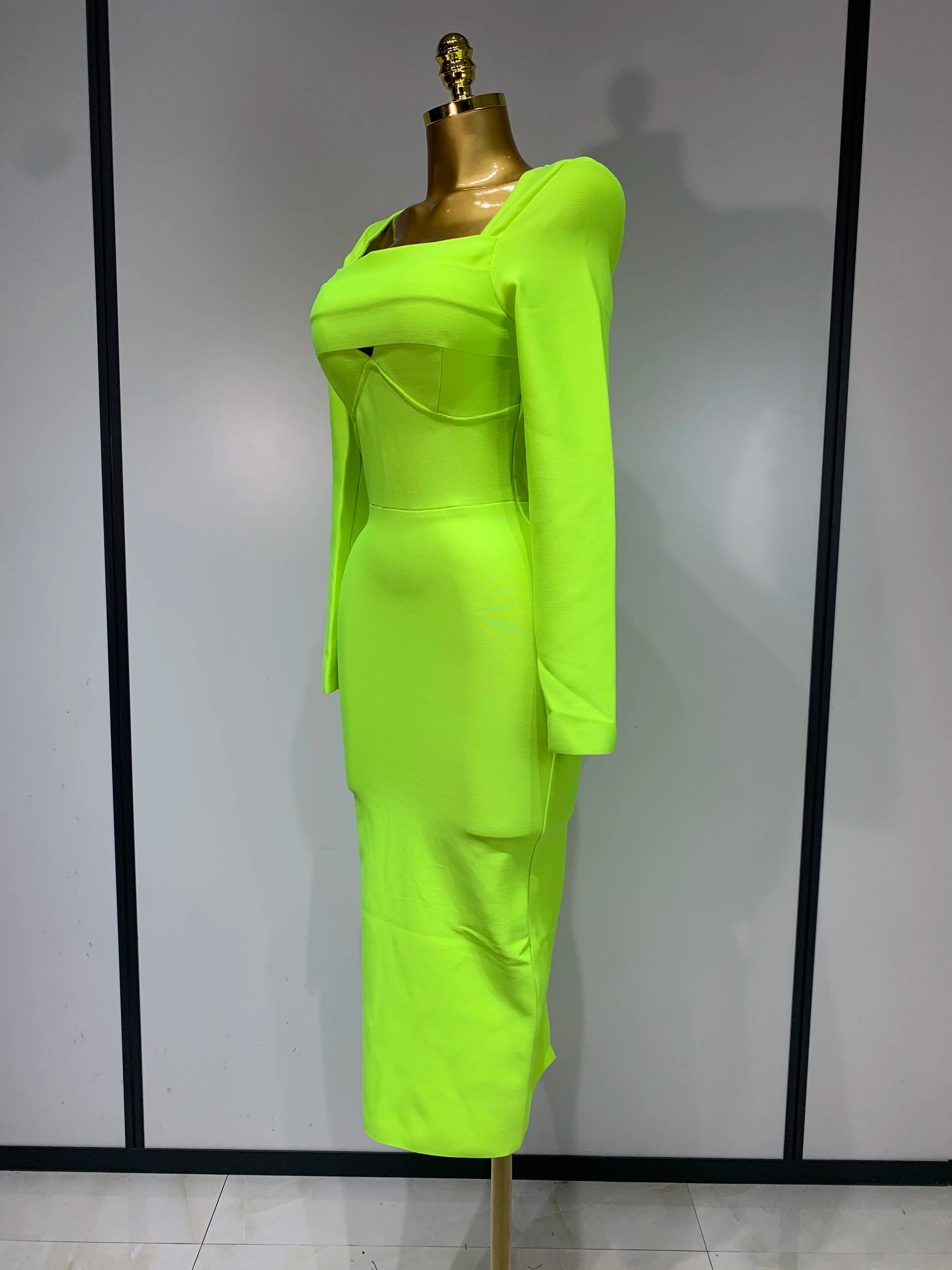 Women Sexy Long Sleeve Square Collar Fluorescent Green Midi Bodycon Bandage Dress 2025 Elegant Evening Birthday Party Dresses