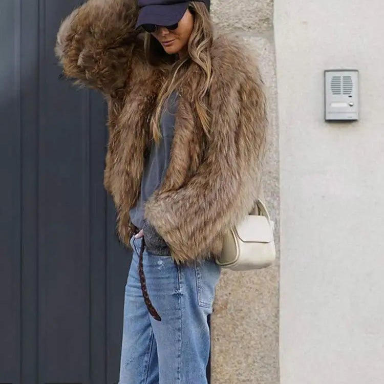 Winter Women's Chic Thermal Furry Faux Fur Coat Fashion Casual Long Sleeve Cardigan Jackets New Female Warm Streetwear ﻿