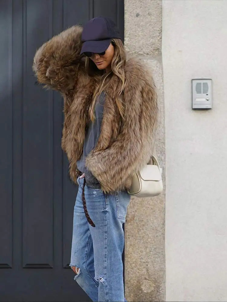 Winter Women's Chic Thermal Furry Faux Fur Coat Fashion Casual Long Sleeve Cardigan Jackets New Female Warm Streetwear ﻿