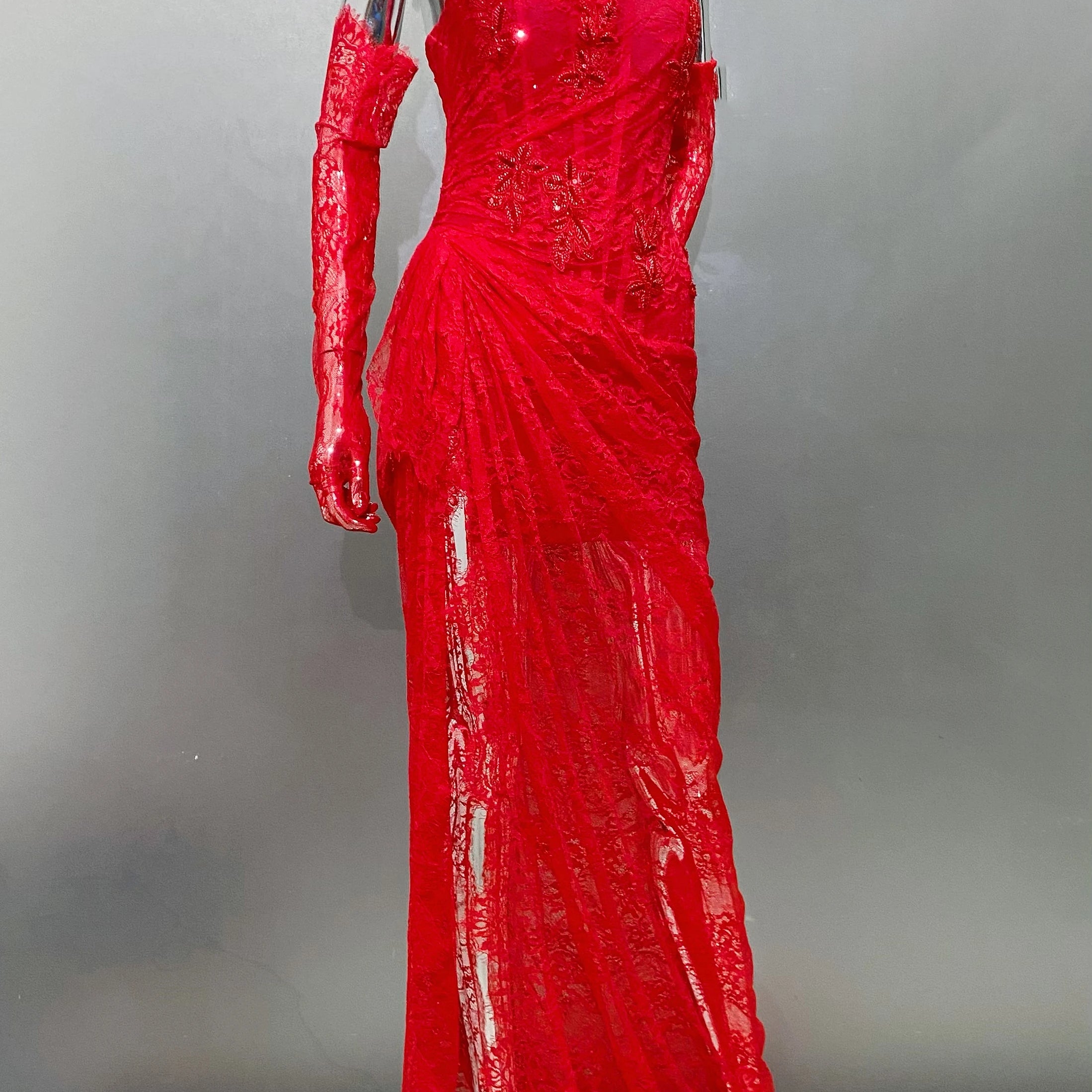 Red Color Women Sexy Strapless Lace High Split Bodycon Floor-Length Dress Gloves Wedding Party Mermaid Celebrate Dress