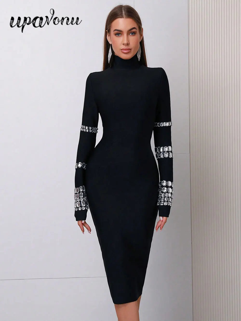 2025 Elegant Women's Bead Design Bandage Dress High Neck Long Sleeve Bodycon Flute Dress Cocktail Evening Party Vestidos