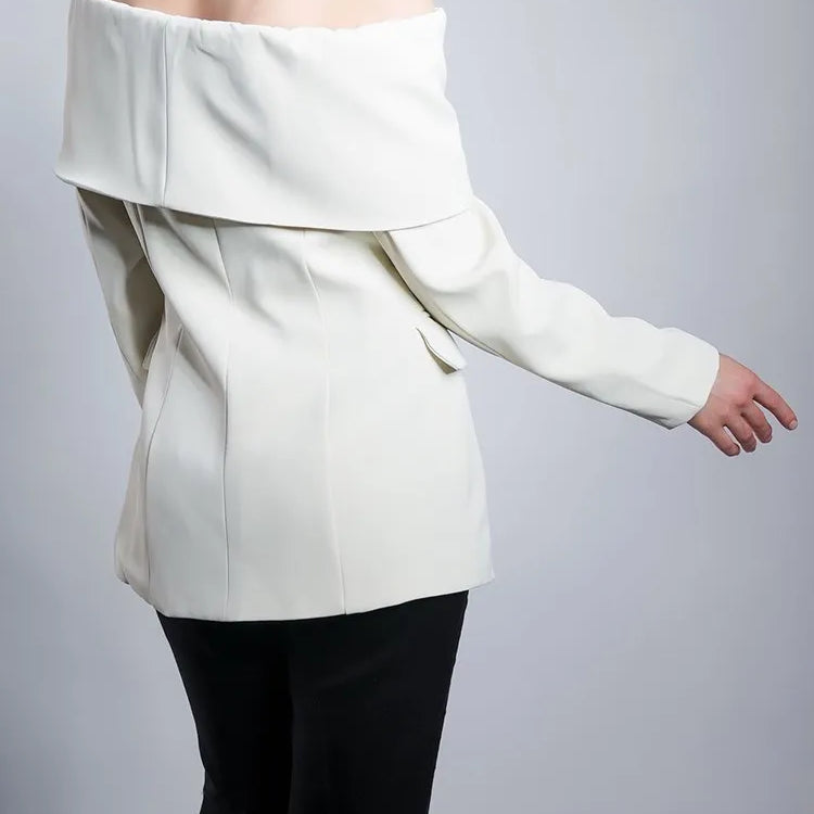 Solid Temperament Blazers For Women Slash Neck Long Sleeve Patchwork Pocket Minimalist Slim Blazer Female Fashion