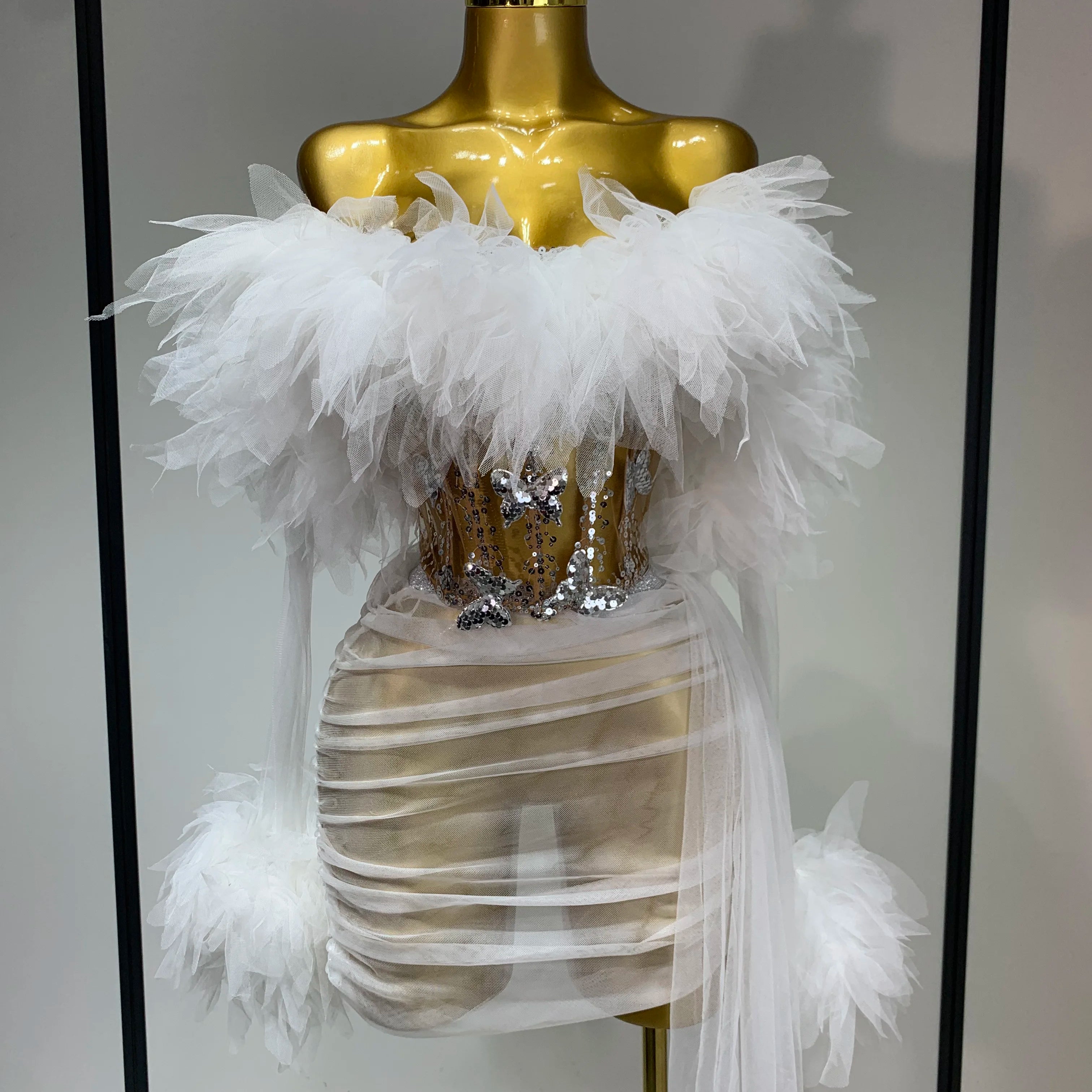 Women Sexy Backless Mesh Transparent Three Pieces Set Performance Dance Costume Nightclub Birthday Photo Shoot Stage Outfit WHITE