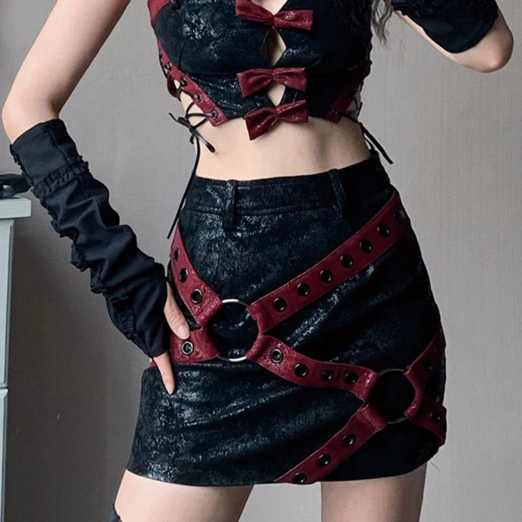 Spring Summer Cool Red and Black Patchwork Pu Leather Mini Skirt Women High Waist Short Luxury Designer Y2K Clothes 2023