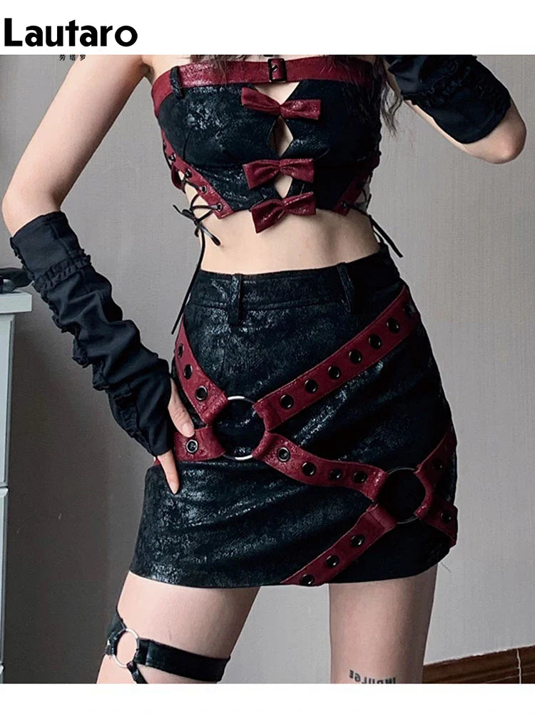 Spring Summer Cool Red and Black Patchwork Pu Leather Mini Skirt Women High Waist Short Luxury Designer Y2K Clothes 2023