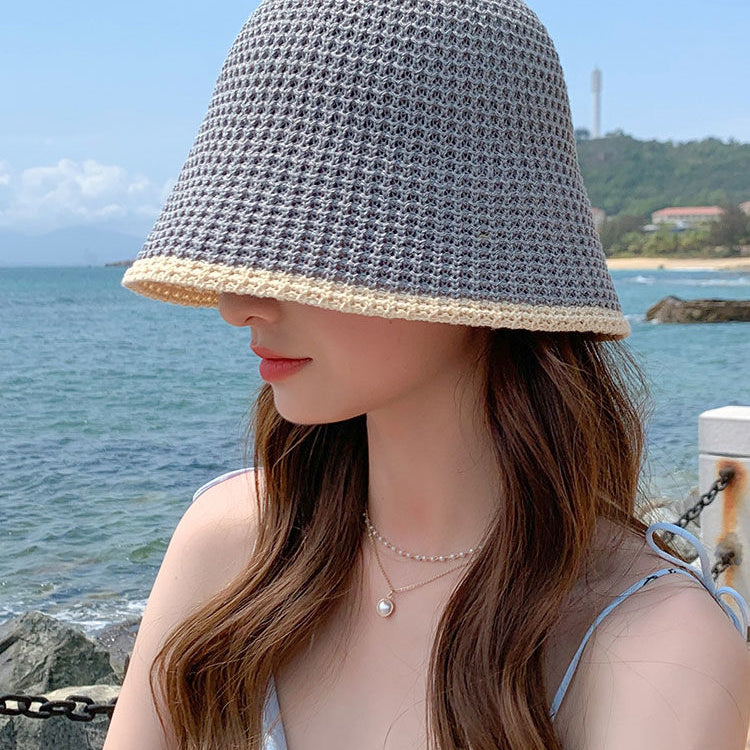 Summer Bicolor Knit Bucket Hat For Woman 2024 Trendy Black Bucket Hat Sun Caps Fashion Trend Charm Y2k Young Girl Kpop Gift Girl