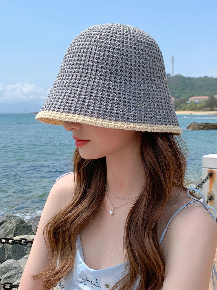 Summer Bicolor Knit Bucket Hat For Woman 2024 Trendy Black Bucket Hat Sun Caps Fashion Trend Charm Y2k Young Girl Kpop Gift Girl