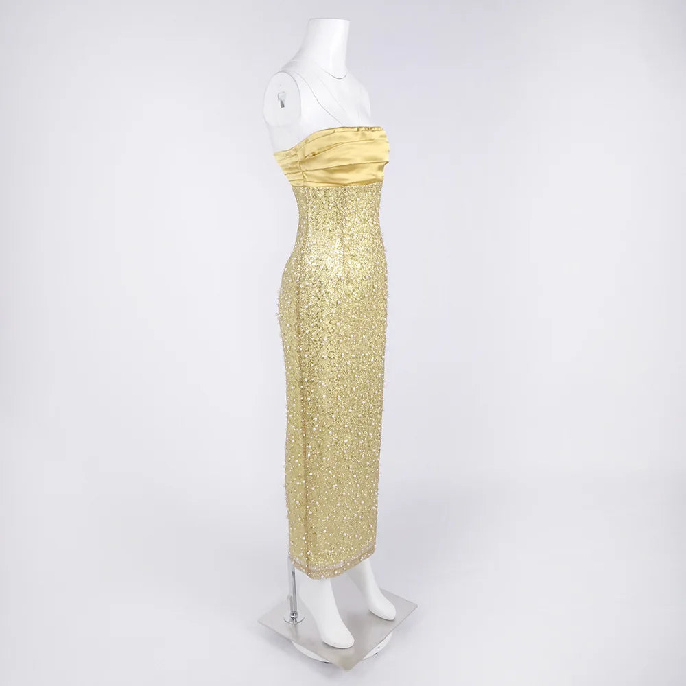Solid Slimming Spliced Sequin Elegant Dresses for Women Strapless Sleeveless Patchwork Bead Dress Female Clothing