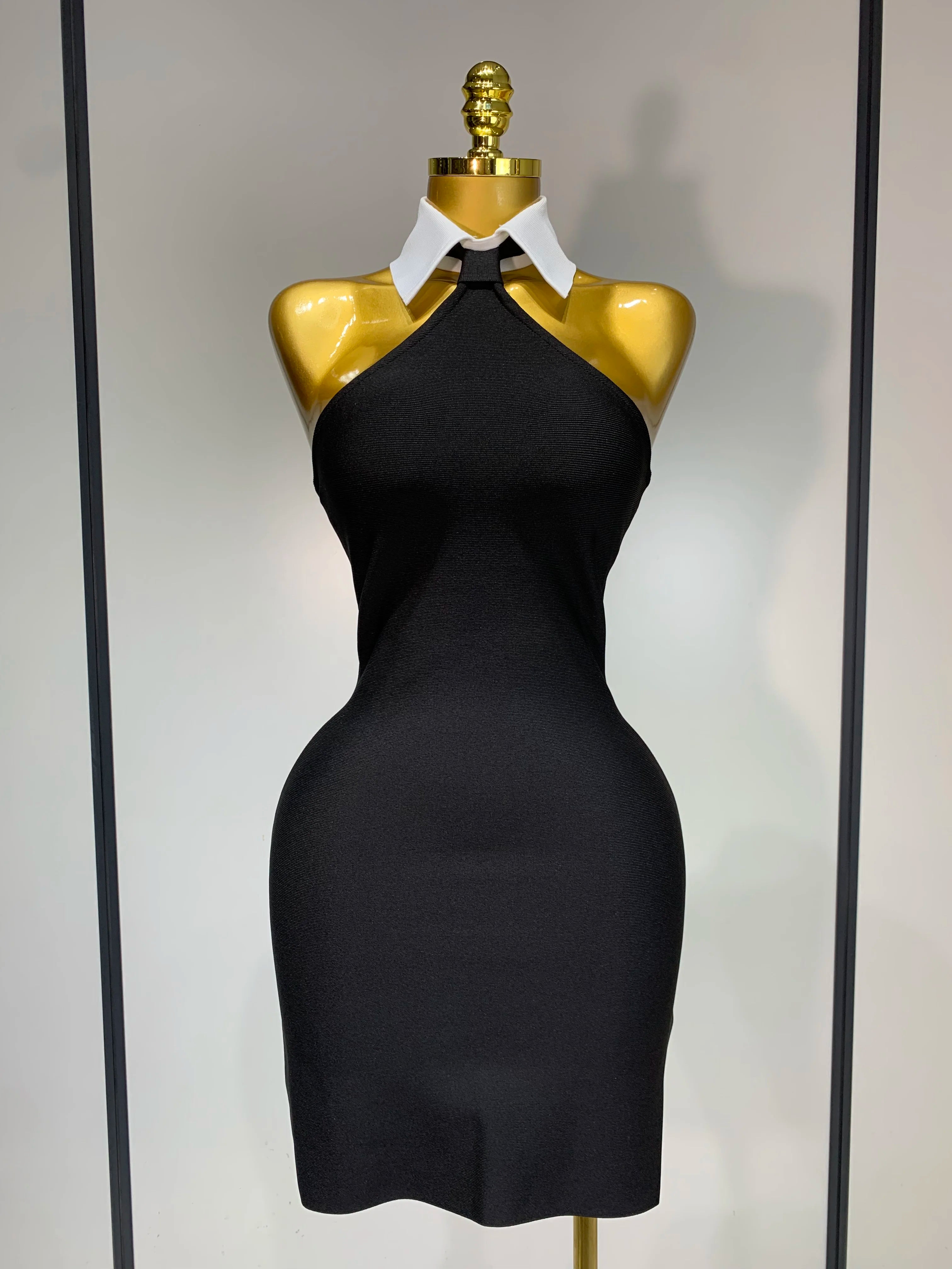 Women Sexy Backless White Shirt Collar Black Mini Bodycon Bandage Dress 2025 Elegant Evening Club Party Luxury Birthday Dresses black