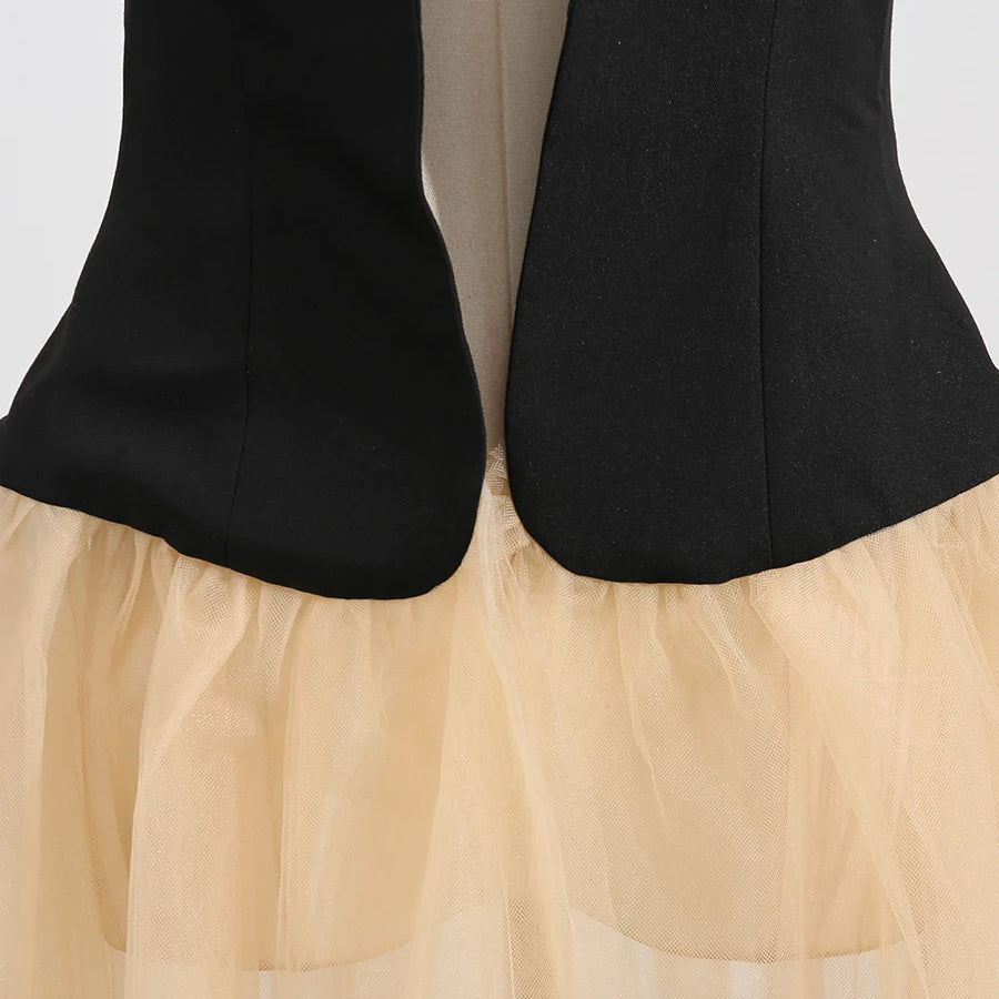 Hit Color Sheer Elegant Jacket for Women Lapel Sleeveless Patchwork Folds Fashion Long Jacket Female Clothing New