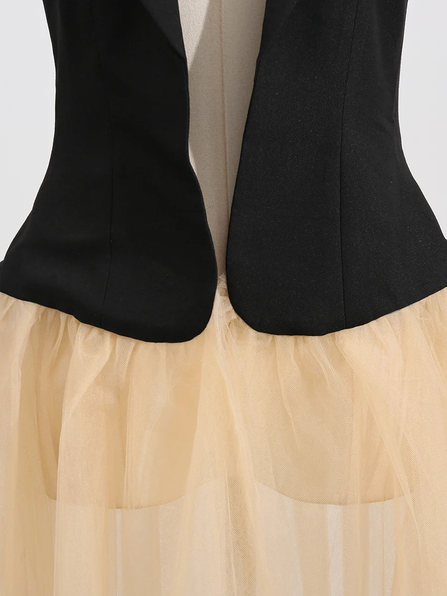 Hit Color Sheer Elegant Jacket for Women Lapel Sleeveless Patchwork Folds Fashion Long Jacket Female Clothing New