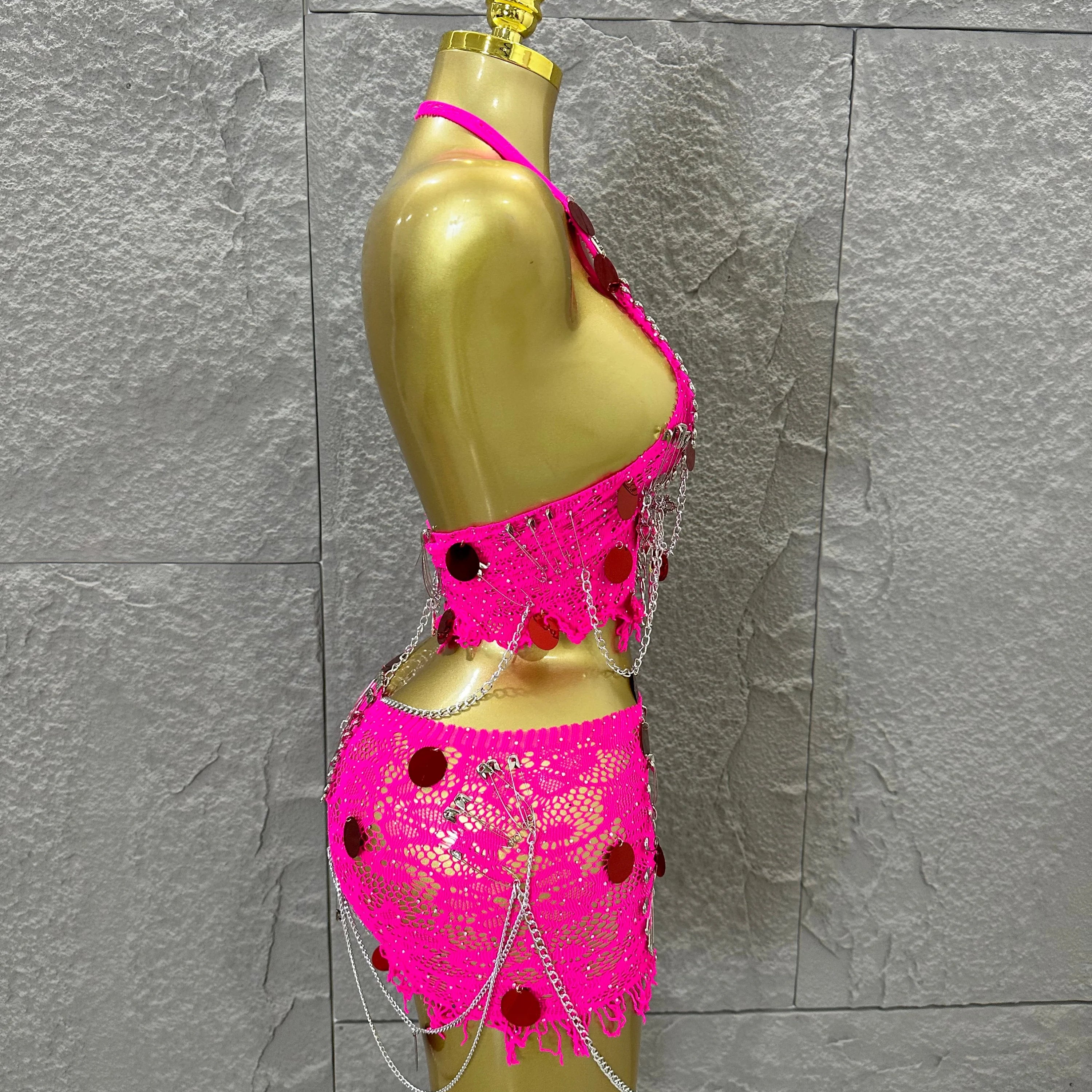 Women Sexy Safety Pin Lace Two Piece Set Halter Neck Sequin Embellished Crop Top & Mini Skirt Outfit Stage Performance Costume