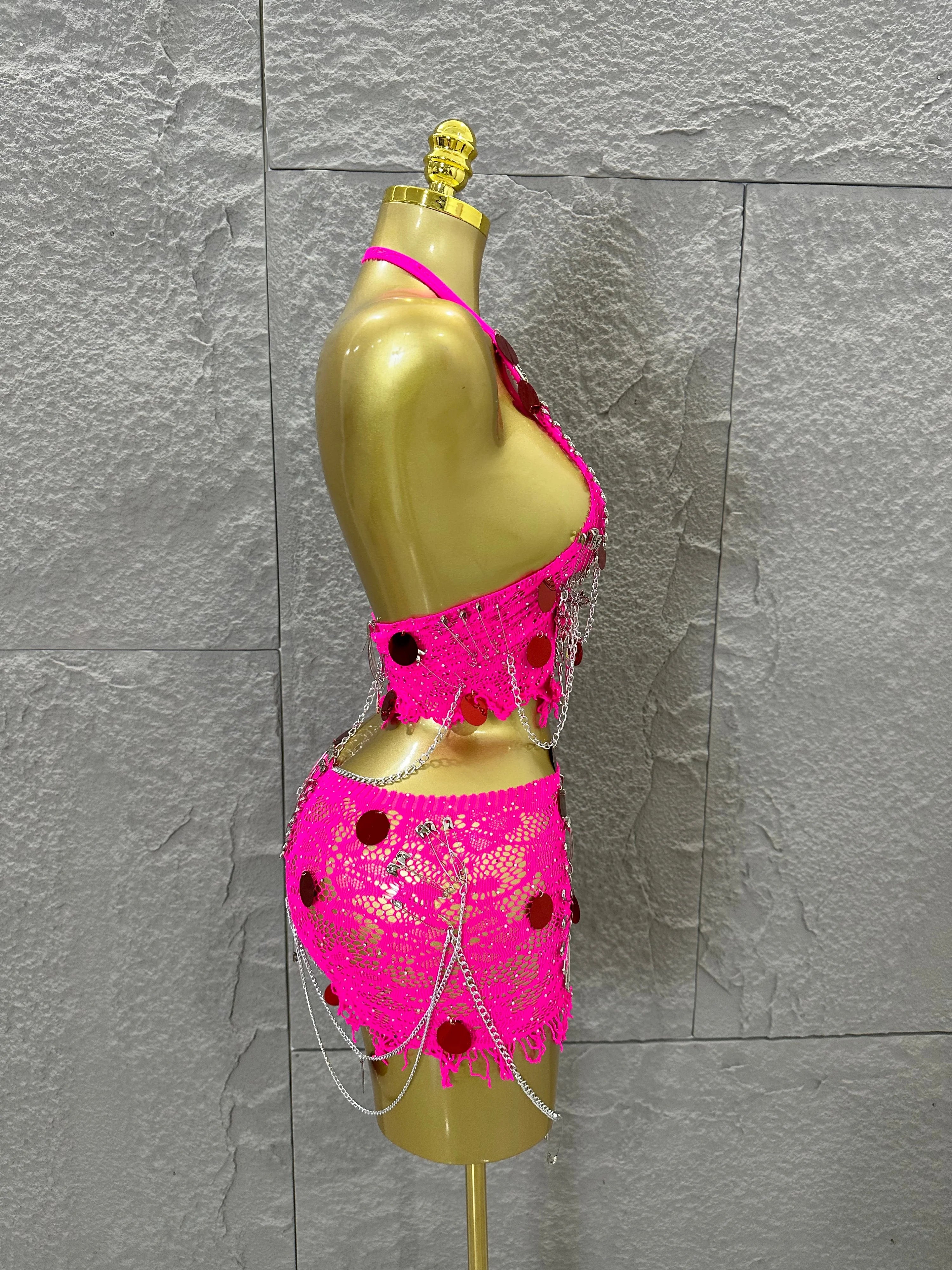 Women Sexy Safety Pin Lace Two Piece Set Halter Neck Sequin Embellished Crop Top & Mini Skirt Outfit Stage Performance Costume