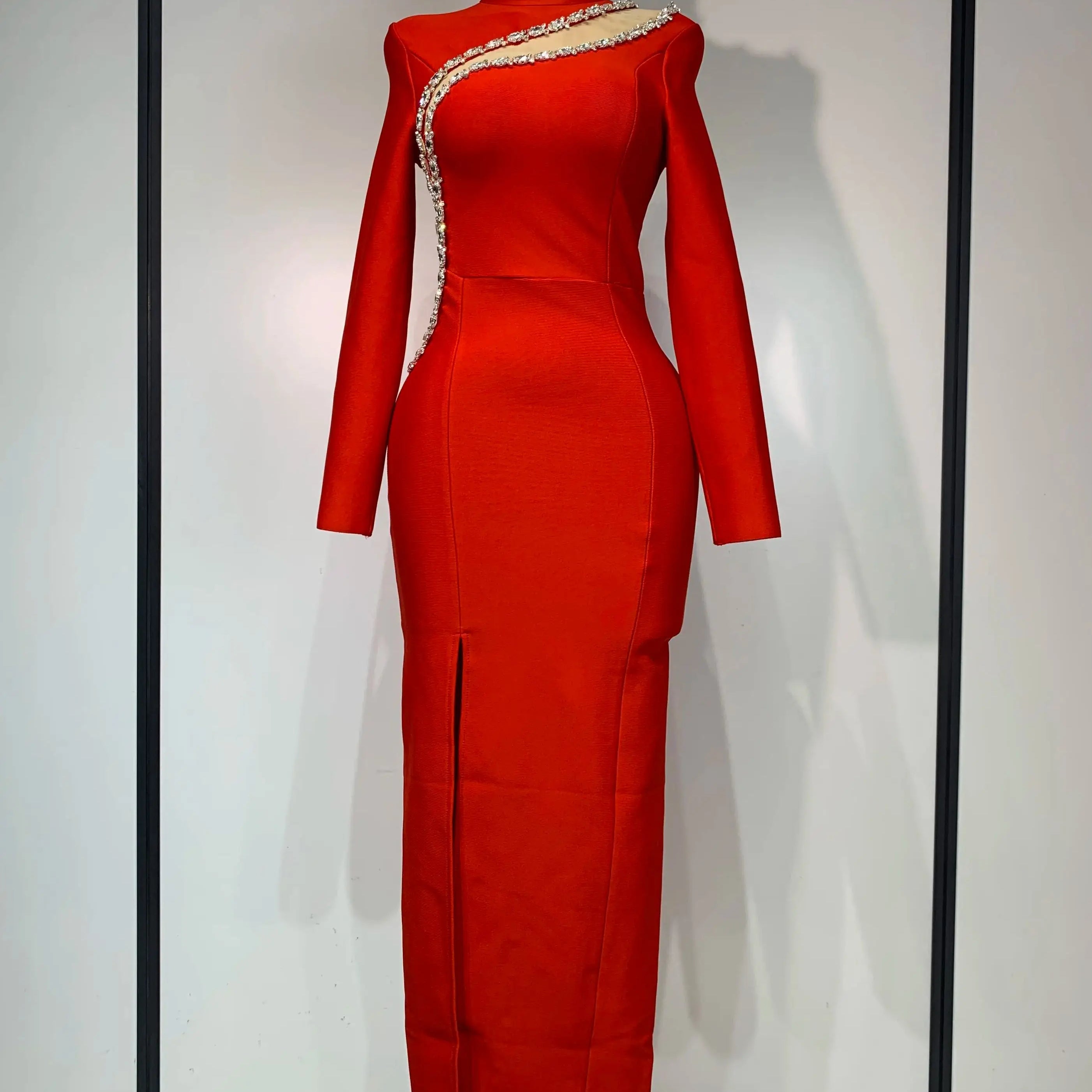 Sparkly Rhinestone Long Sleeve Red Bodycon Bandage Dress Women Wedding Evening Club Party Prom Gowns Luxury Birthday Dresses Red