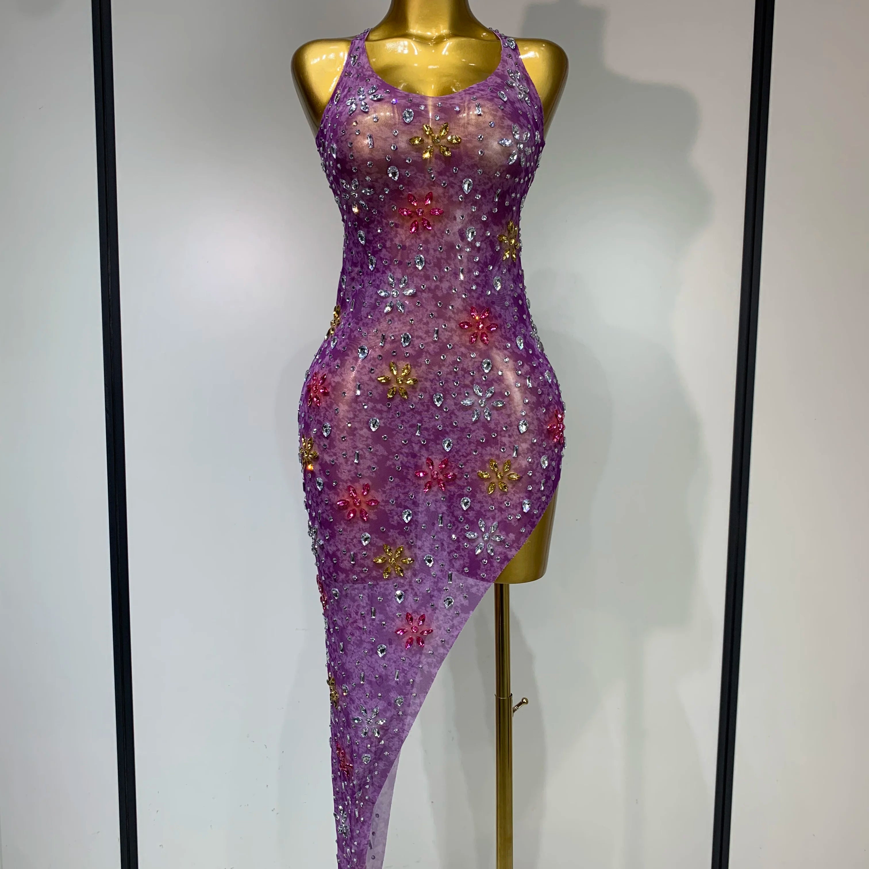 Women Sexy Mesh See Through Stretchy Sparkly Rhinestone Performance Costume Stage Dancer Nightclub Party Luxury Birthday Dress PURPLE