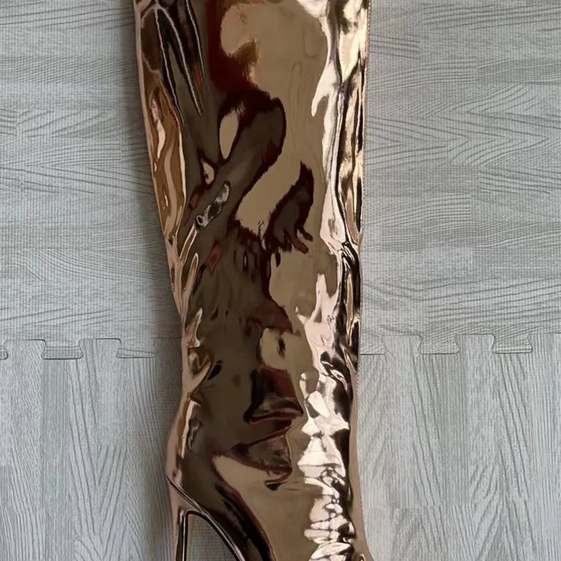 Thigh High Boots Candy Color Mirror Leather Women Knee High Boots High Heels Stilettos Runway Shoes for Women High Heel Boots 05champagne12cm
