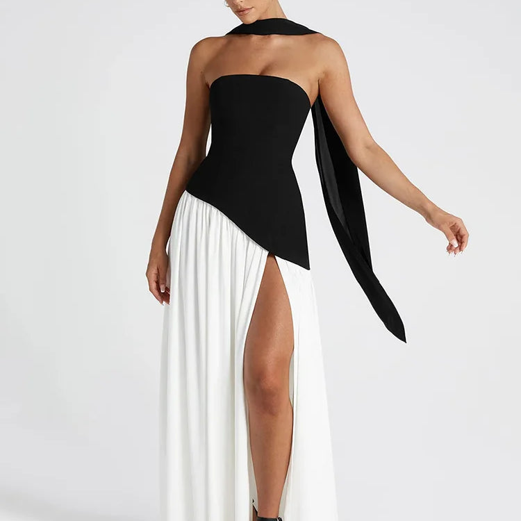 Mozision Strapless Off-shoulder Sexy Maxi Dress For Women Gown Patchwork Scarf Collar Thigh High Split Club Party Long Dress