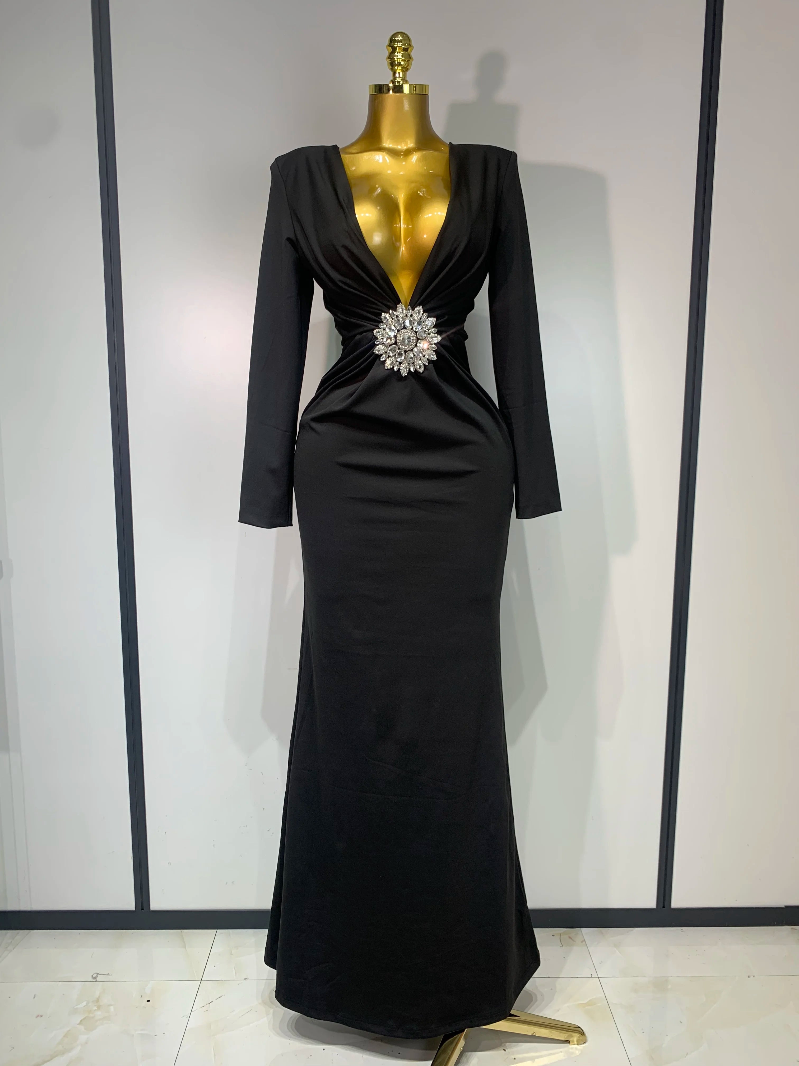Black Diamond Bodycon Maxi Dresses Women Sexy Deep V Neck Long Sleeves Gowns Runway Party Wear 2025 Elegant Evening Party Dress black