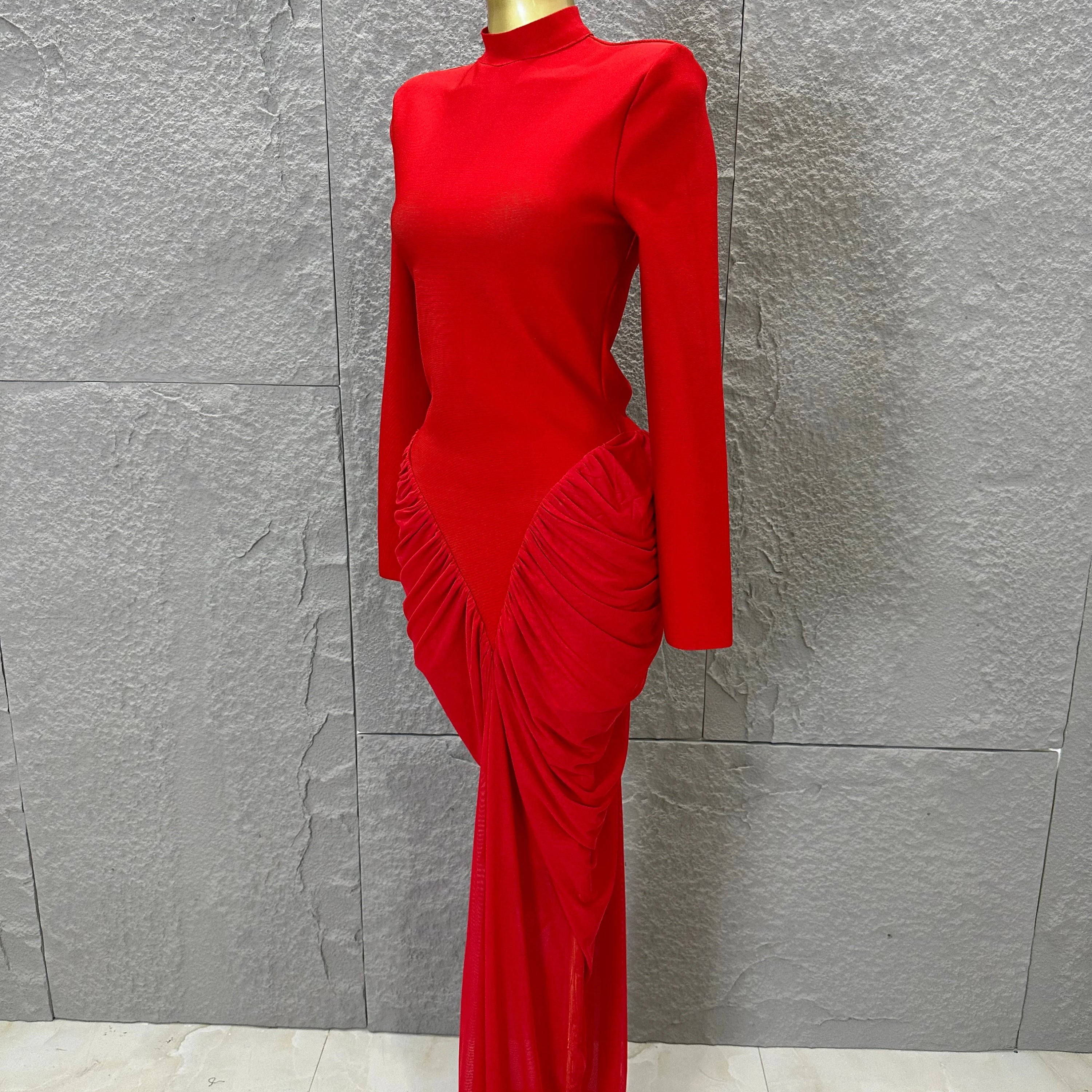 Glamorous Red Long Sleeve Maxi Dress Women High Neck Ruched Draped Bodycon Nightclub Outfit Cocktail Party Costume