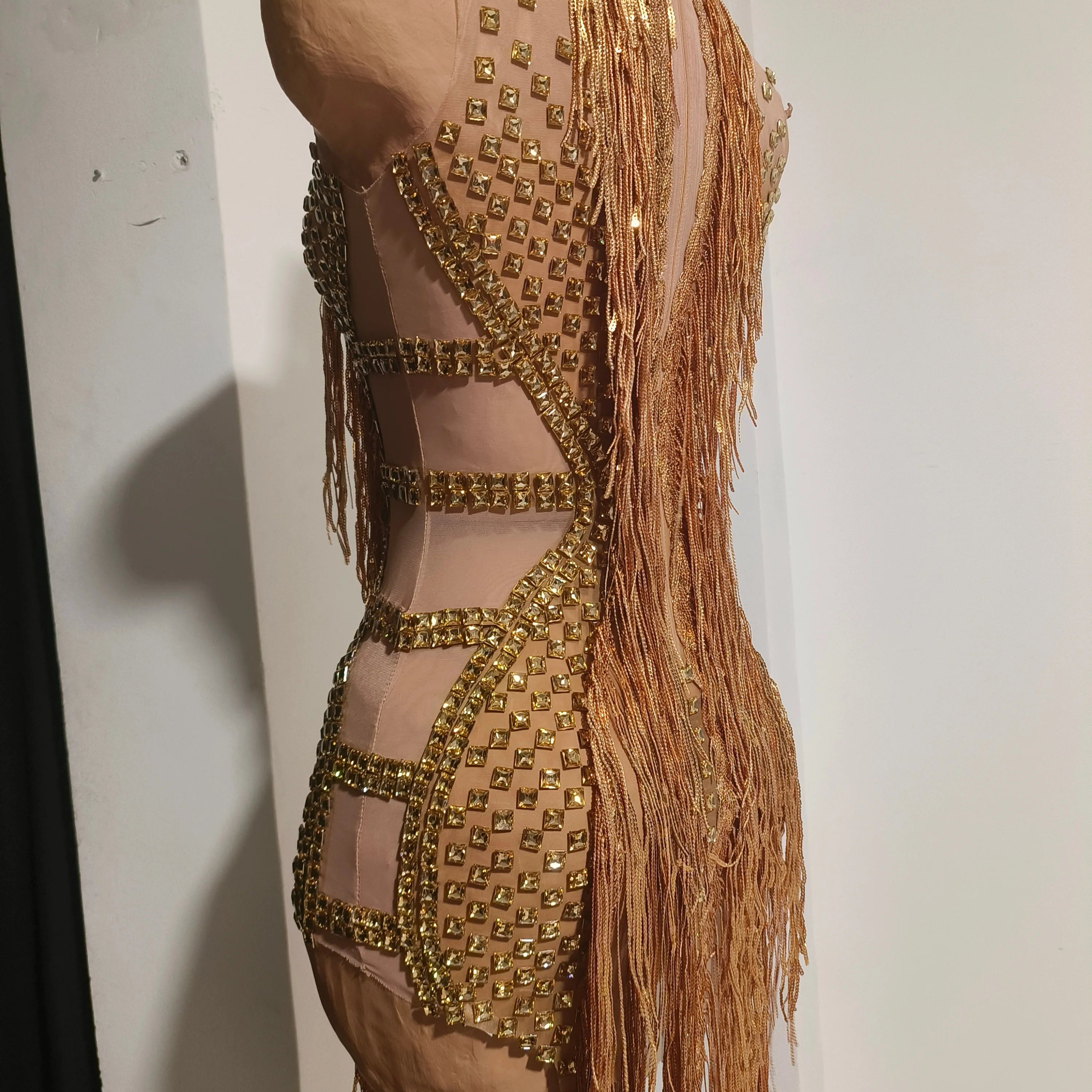 Opulent Gold Halter Neck Mini Dress Women Sexy Crystal Embellished Fringe Trim Form-Fitting Outfit Formal Event Party Costume