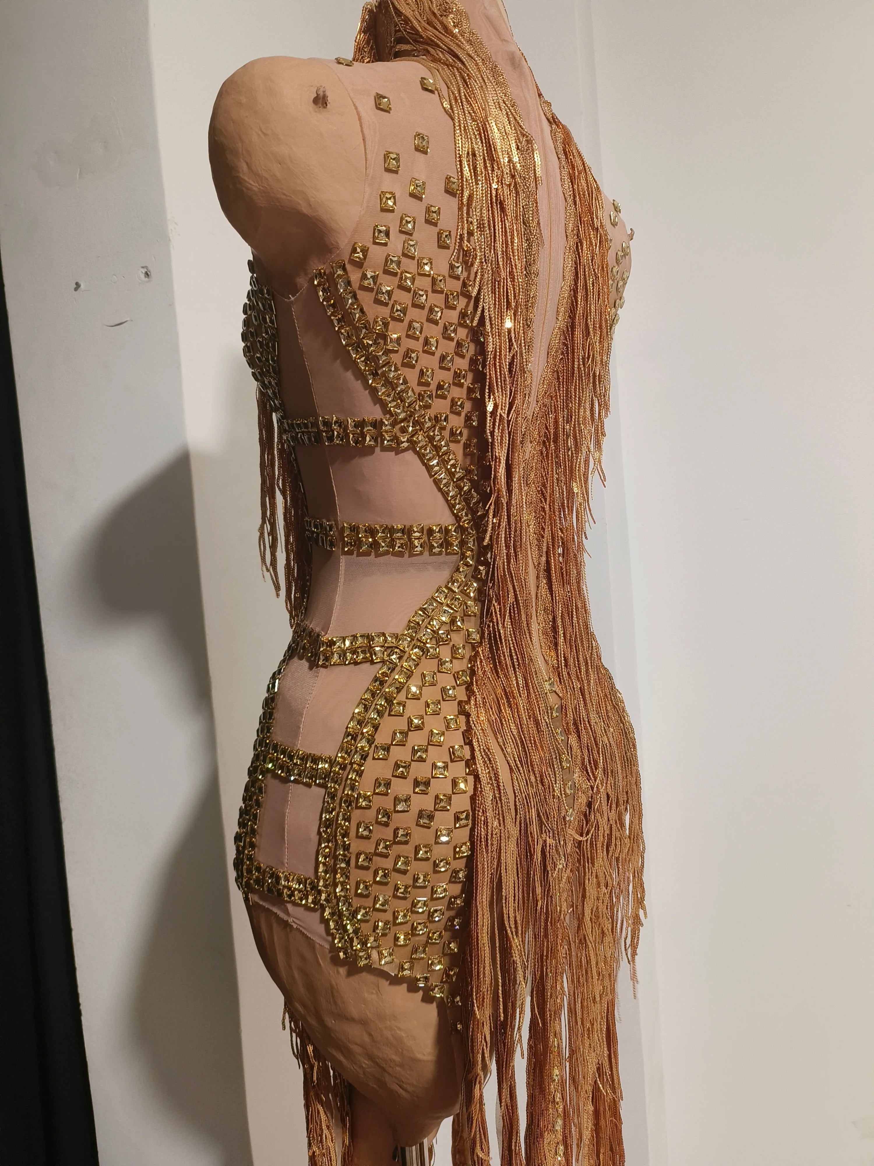Opulent Gold Halter Neck Mini Dress Women Sexy Crystal Embellished Fringe Trim Form-Fitting Outfit Formal Event Party Costume