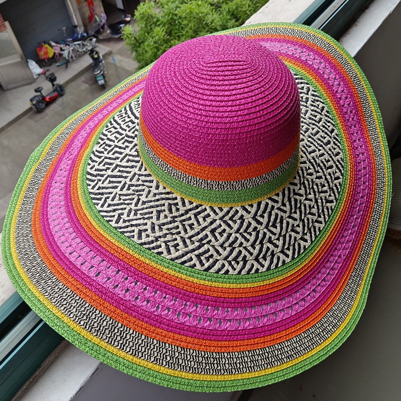 Rainbow striped big brim anti-ultraviolet sunshade sun hat beach sun hat with wire edge can be folded arbitrarily 03 M 56-58cm