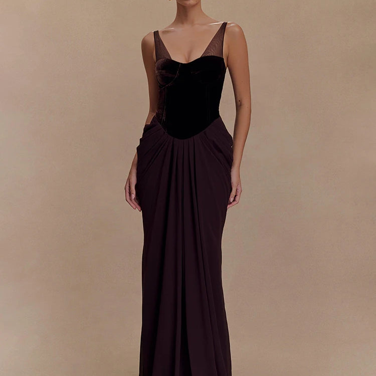 Chic Sleeveless Maxi Dress with Velvet Bodice and Chiffon Drape for Upscale Receptions Evening Gown