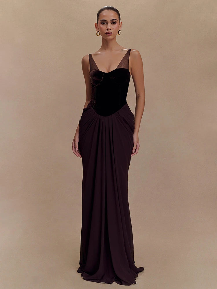 Chic Sleeveless Maxi Dress with Velvet Bodice and Chiffon Drape for Upscale Receptions Evening Gown