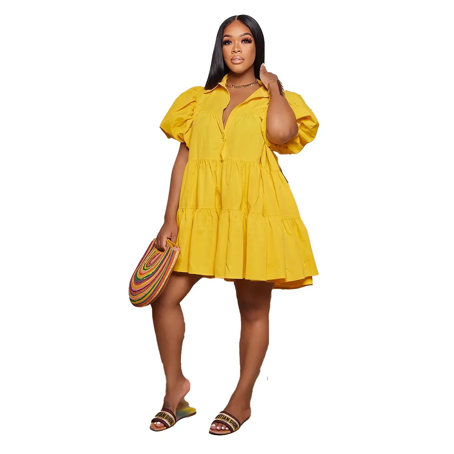 Elegant Women Puff Sleeve Single Breasted Lapel Collar Babydoll Dress Street White Big Swing Loose Smock Shirt Dresses Yellow